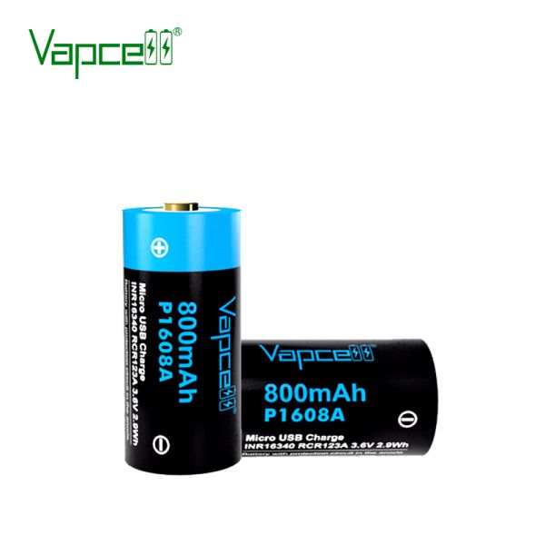 Аккумулятор Vapcell P1608A INR16340 (RCR123A) 800 mah, Li-ion с micro USB, с защитой (Protected)
