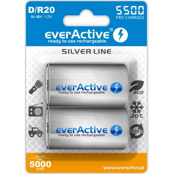 Аккумуляторы EverActive D/R20 5500 Silver Line, LSD Ni-MH, 2шт./уп.