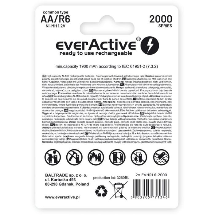 Аккумуляторы EverActive Silver Line AA 2000 Series, 2 шт./уп.