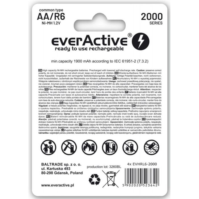 Аккумуляторы EverActive Silver Line AA 2000 Series, 4 шт./уп.