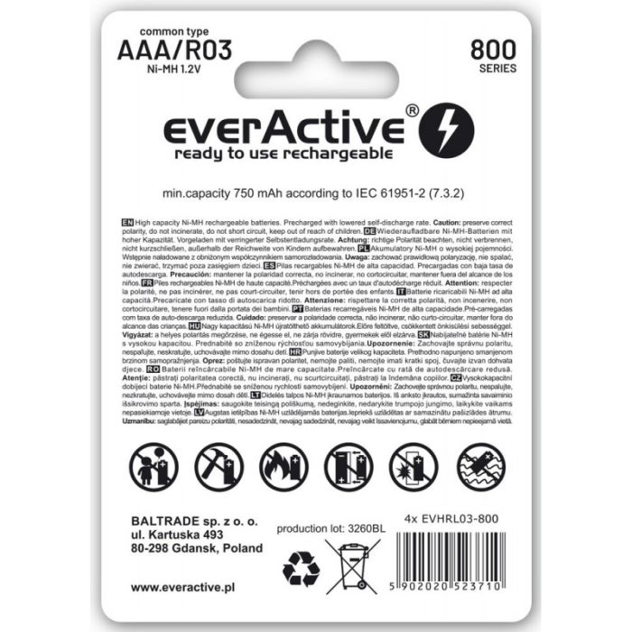 Аккумуляторы EverActive Silver Line AAA 800 Series, 4 шт./уп.