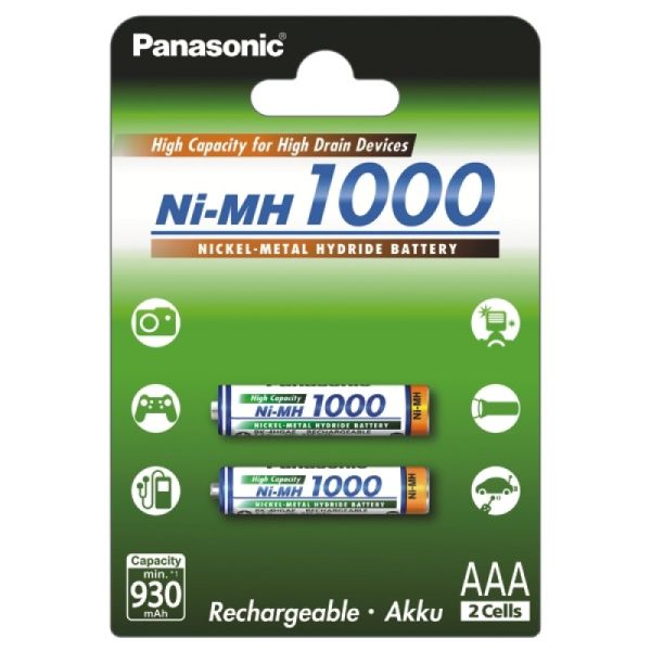 Аккумуляторы Panasonic High Capacity AAA 1000 mah, 2 шт./уп. (BK-4HGAE/2BE)