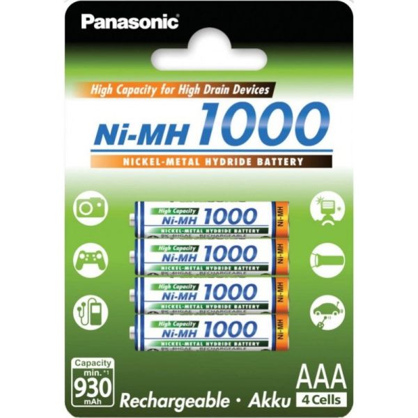 Аккумуляторы Panasonic High Capacity AAA 1000 mah, 4 шт./уп. (BK-4HGAE/4BE)