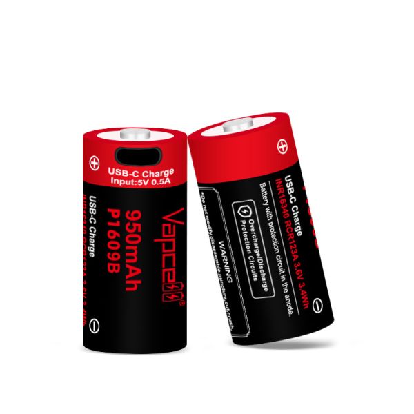 Акумулятор Vapcell P1609B INR 16340 (RCR123A) 950 mah, USB Type-C, Li-ion 3.6V, із захистом (Protected)