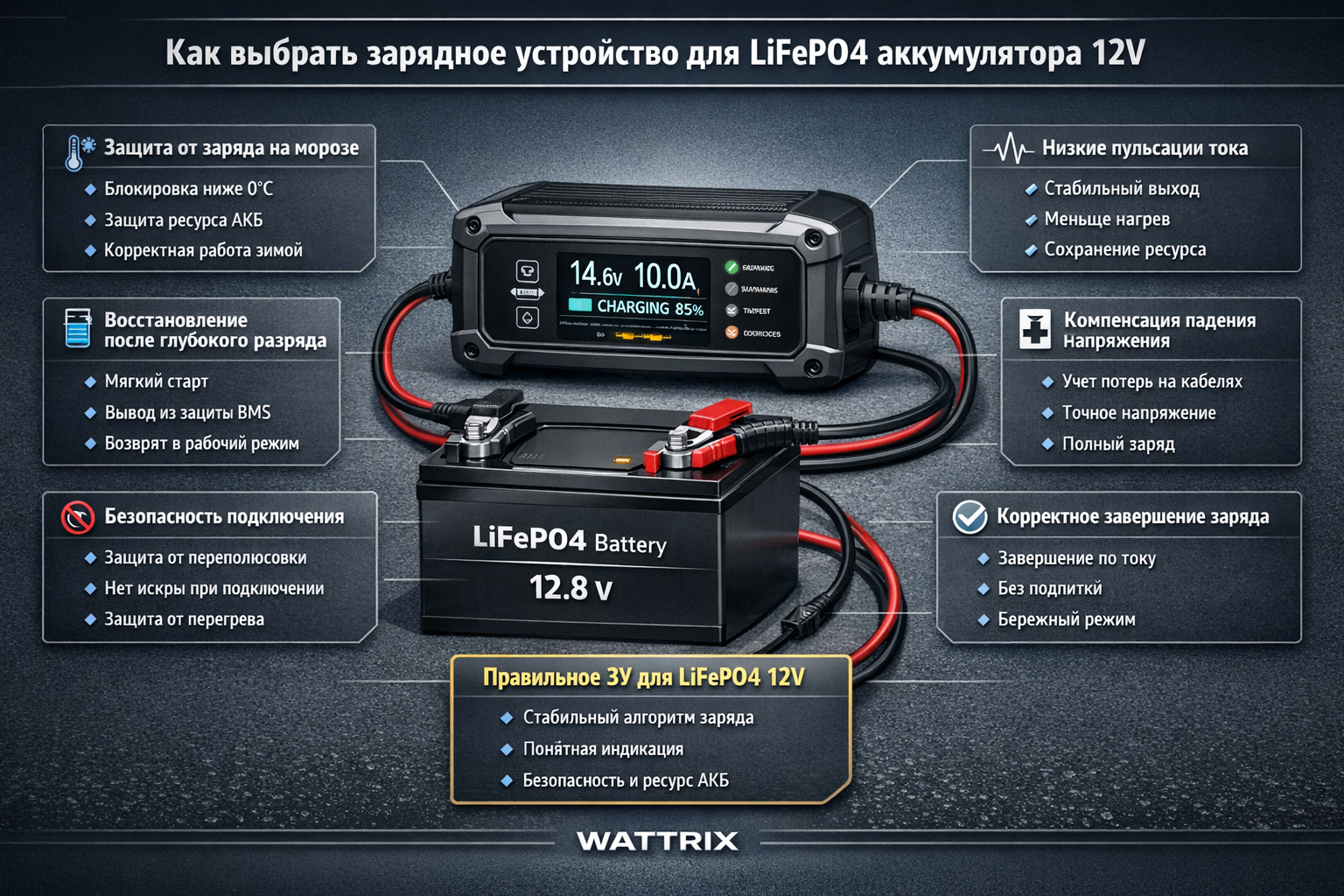 Зарядное устройство для LiFePO4 12V для надежной зарядки литий‑железо‑фосфатных аккумуляторов