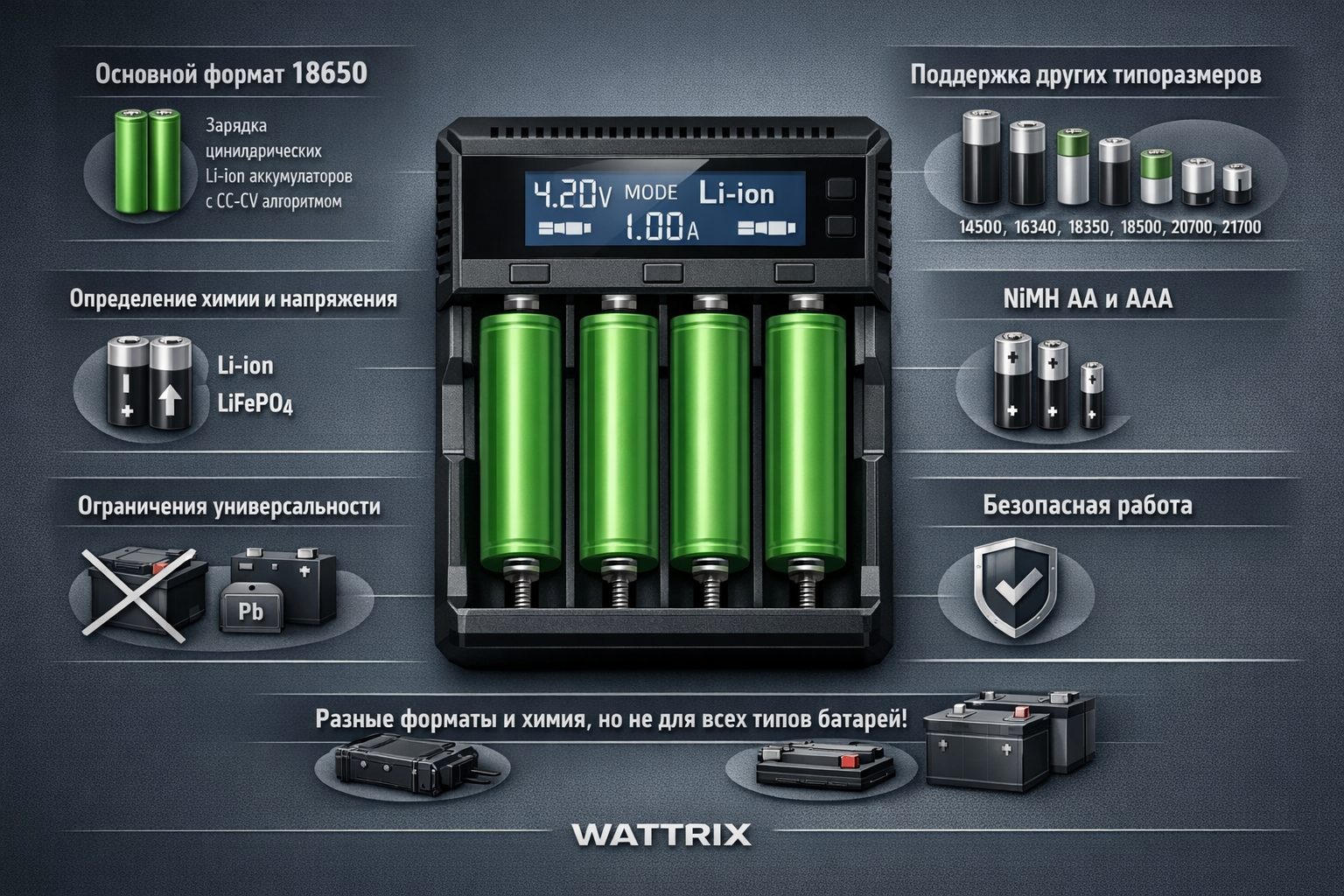 Купить универсальное зарядное устройство для аккумуляторов 18650, универсальная зарядка для АКБ 18650 с выгодной ценой и отзывами